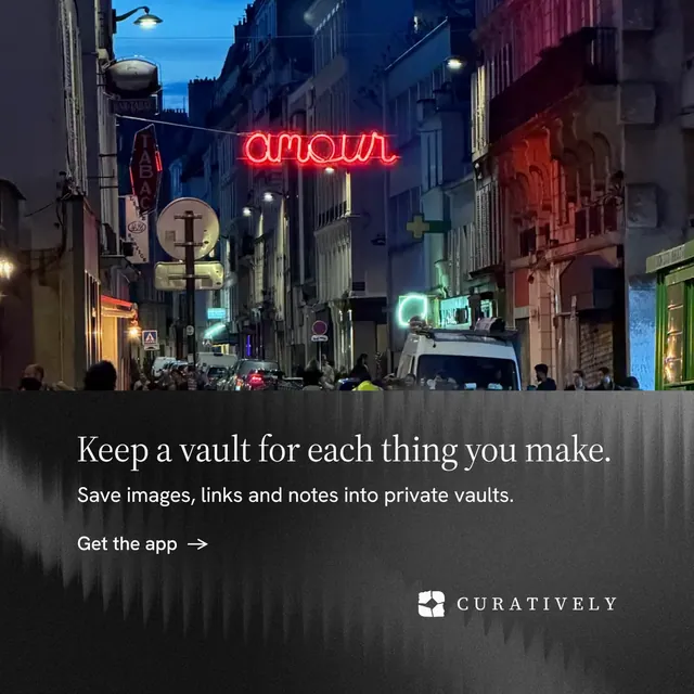 Instagram post for Curatively: "Keep a vault for each thing you make." Minimal luxury style, bottom layout, dark palette in black, grey.