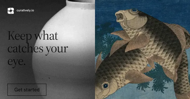 Social ad for Curatively: "Keep what catches your eye." Editorial style, bottom layout, dark palette in grey, black, blue.