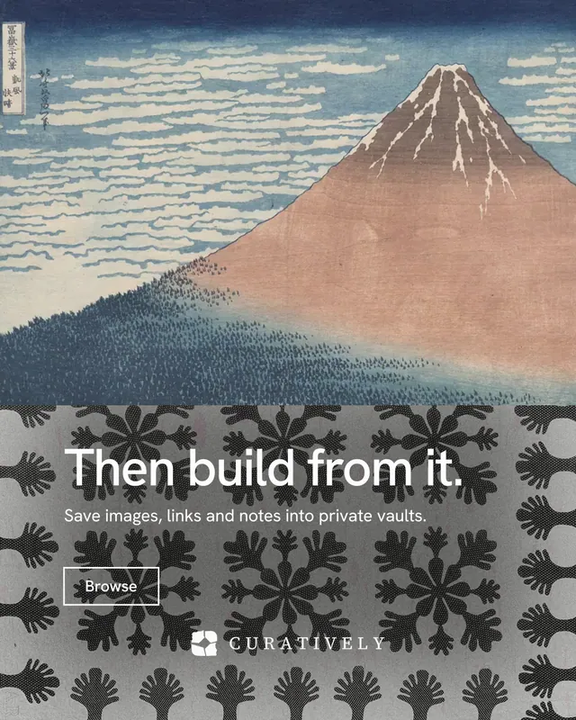 Instagram portrait post for Curatively: "Then build from it." Editorial style, bottom layout, light palette in grey.
