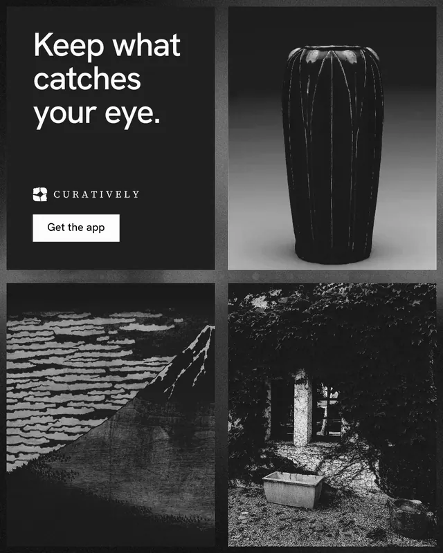 Instagram portrait post for Curatively: "Keep what catches your eye." Swiss style, collage layout, dark palette in black, grey.