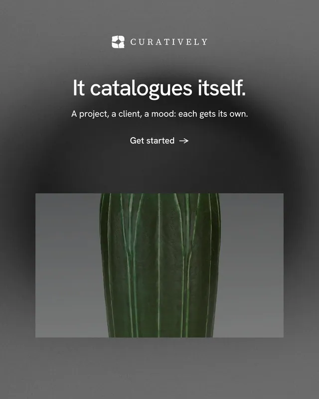 Instagram portrait post for Curatively: "It catalogues itself." Minimal luxury style, centred layout, dark palette in black, grey.