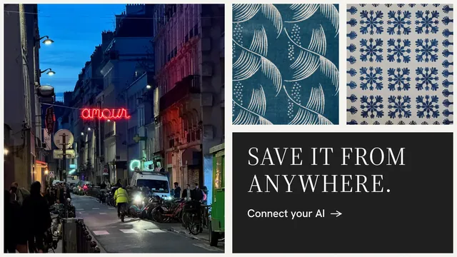 Landscape graphic for Curatively: "Save it from anywhere." Minimal luxury style, collage layout, dark palette in blue, grey, black.