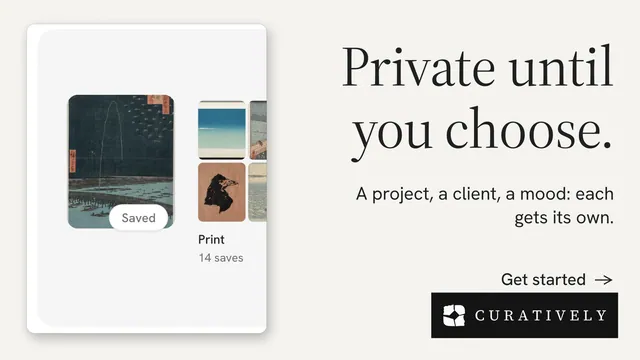 Landscape graphic for Curatively: "Private until you choose." Minimal luxury style, right layout, light palette in white, grey.