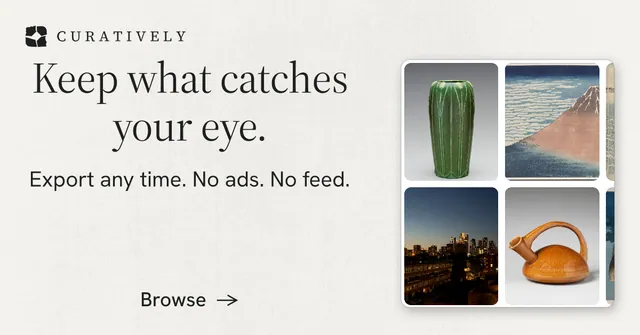 Social ad for Curatively: "Keep what catches your eye." Minimal luxury style, skeleton layout, light palette in white, grey.