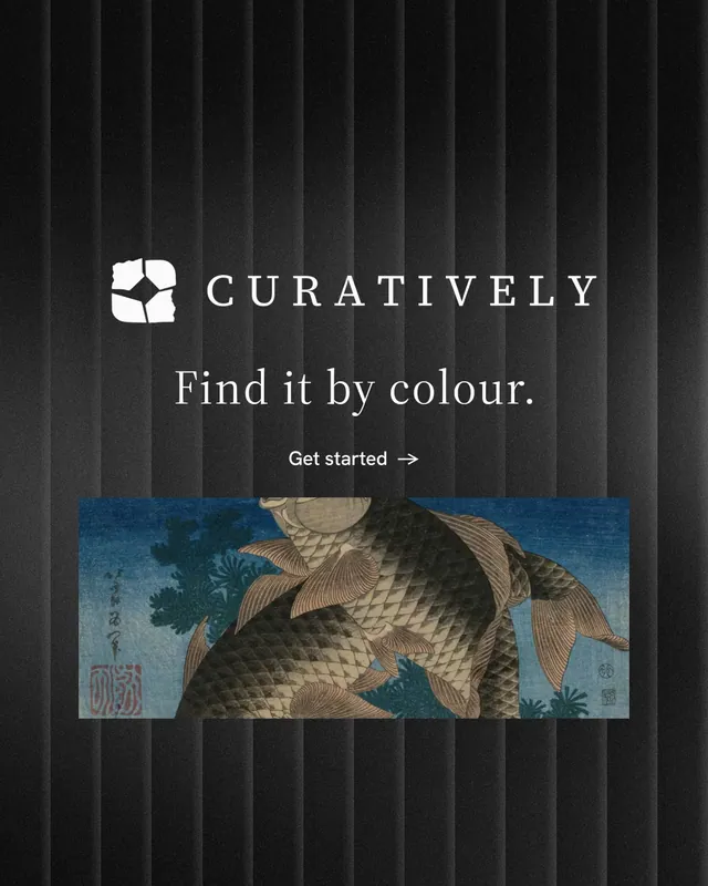 Instagram portrait post for Curatively: "Find it by colour." Minimal luxury style, logo hero layout, dark palette in black, grey.
