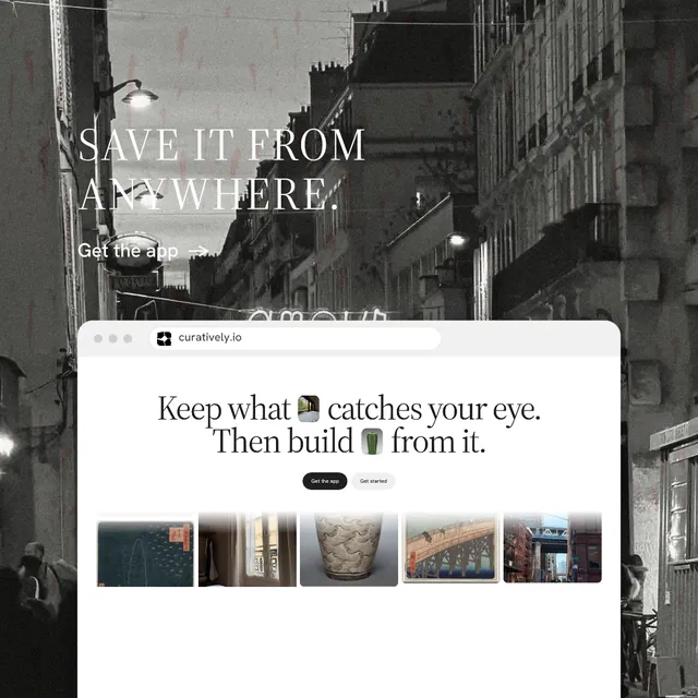 Instagram post for Curatively: "Save it from anywhere." Minimal luxury style, browser layout, light palette in black, grey, white.