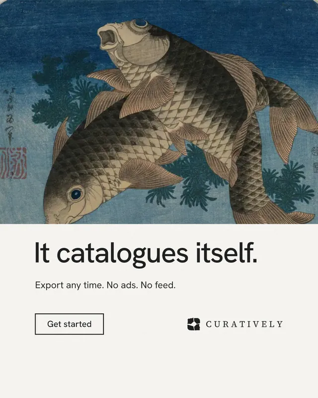 Instagram portrait post for Curatively: "It catalogues itself." Editorial style, bottom layout, light palette in white, grey, blue.
