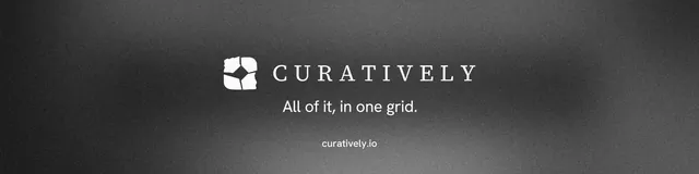 LinkedIn banner for Curatively: "All of it, in one grid." Minimal luxury style, end card layout, dark palette in black, grey.