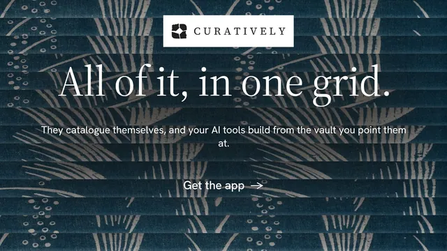 Landscape graphic for Curatively: "All of it, in one grid." Minimal luxury style, centred layout, dark palette in blue, black, grey.