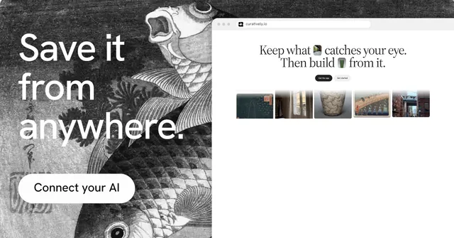Social ad for Curatively: "Save it from anywhere." Photo poster style, browser layout, light palette in white, black, grey.