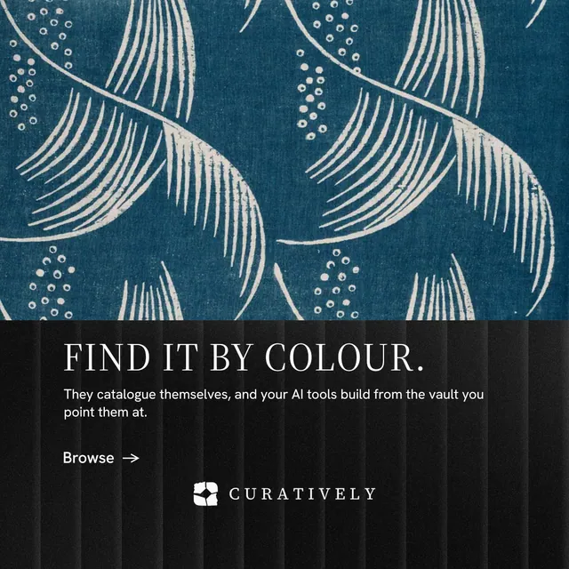 Instagram post for Curatively: "Find it by colour." Minimal luxury style, bottom layout, dark palette in black, blue, grey.