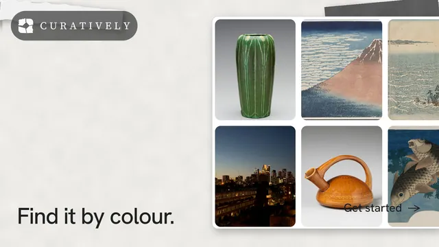 Landscape graphic for Curatively: "Find it by colour." Editorial style, image led layout, light palette in white, grey.