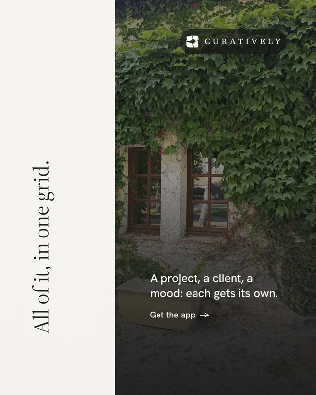 Instagram portrait post for Curatively: "All of it, in one grid." Minimal luxury style, vertical layout, light palette in black, white.