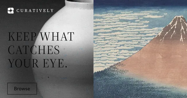 Social ad for Curatively: "Keep what catches your eye." Editorial style, bottom layout, light palette in grey, black, white.