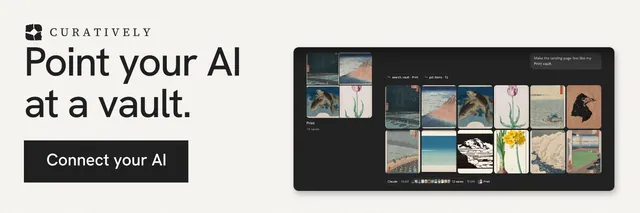 X header for Curatively: "Point your AI at a vault." Swiss style, skeleton layout, light palette in white, black, grey.