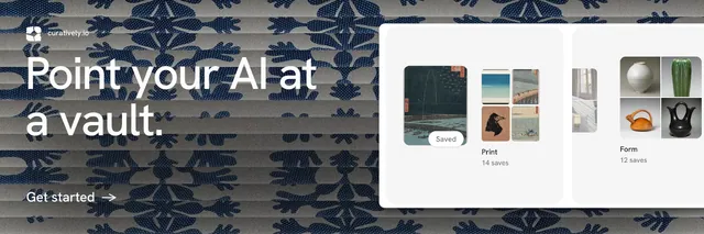 X header for Curatively: "Point your AI at a vault." Minimal luxury style, bottom layout, light palette in grey, blue, white.