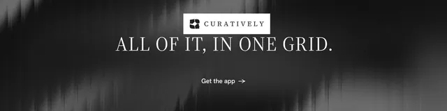 LinkedIn banner for Curatively: "All of it, in one grid." Minimal luxury style, centred layout, dark palette in black, grey.
