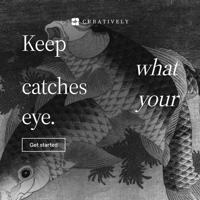 Instagram post for Curatively: "Keep what catches your eye." Editorial style, stacked layout, dark palette in grey, black.