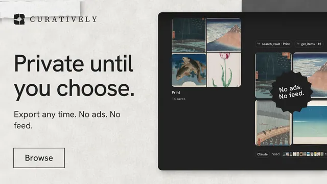 Landscape graphic for Curatively: "Private until you choose." Editorial style, sticker layout, light palette in black, white, grey.