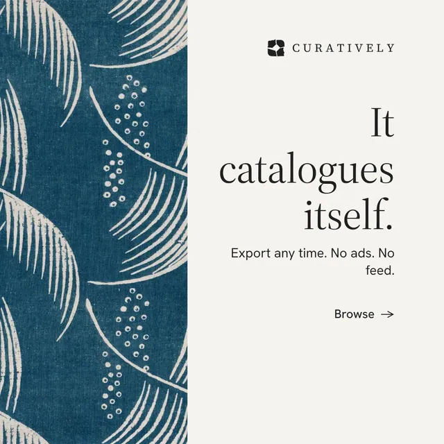 Instagram post for Curatively: "It catalogues itself." Minimal luxury style, right layout, light palette in white, blue, grey.