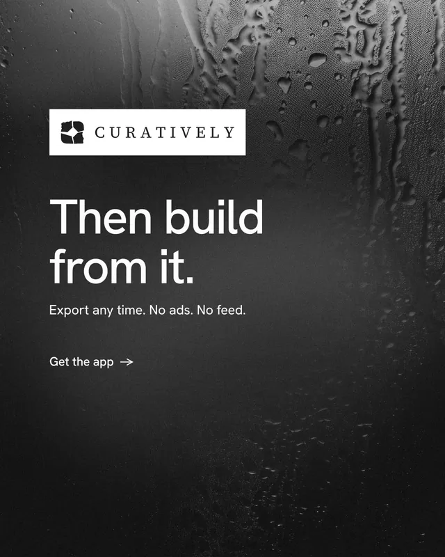 Instagram portrait post for Curatively: "Then build from it." Minimal luxury style, announce layout, dark palette in black, grey.