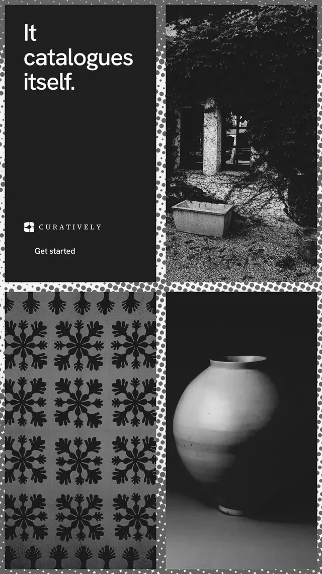 Instagram story for Curatively: "It catalogues itself." Swiss style, collage layout, dark palette in grey, black.