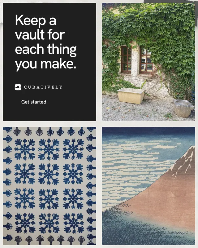 Instagram portrait post for Curatively: "Keep a vault for each thing you make." Swiss style, collage layout, light palette in grey, black, white.