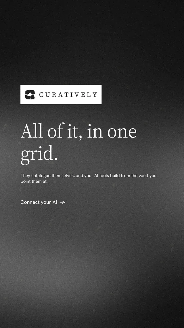 Instagram story for Curatively: "All of it, in one grid." Minimal luxury style, announce layout, dark palette in black, grey.