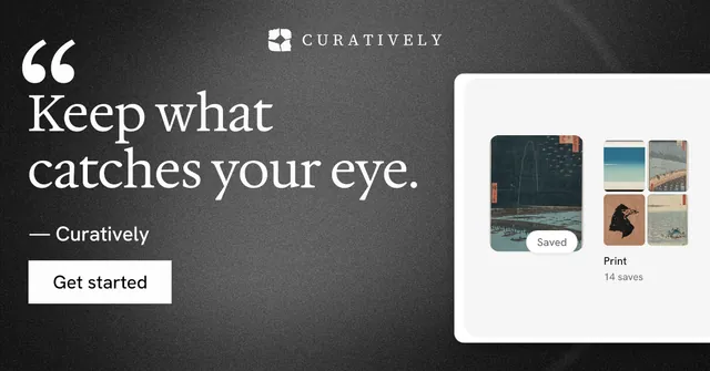 Social ad for Curatively: "Saved, sorted and yours." Swiss style, quote layout, light palette in grey, black, white.