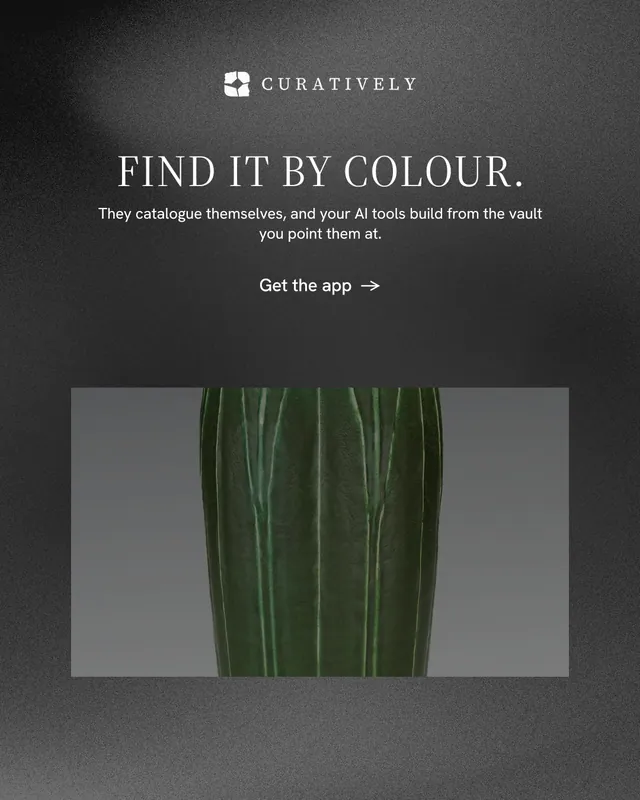 Instagram portrait post for Curatively: "Find it by colour." Minimal luxury style, centred layout, dark palette in black, grey.