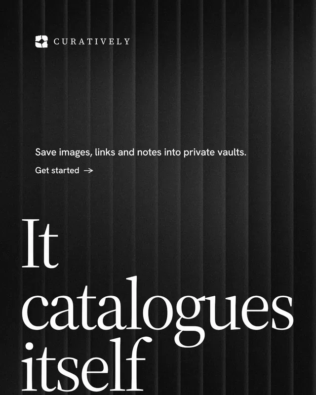 Instagram portrait post for Curatively: "Keep a vault for each thing you make." Minimal luxury style, oversized layout, dark palette in black, grey.