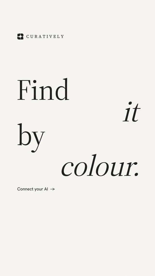 Instagram story for Curatively: "Find it by colour." Minimal luxury style, stacked layout, light palette in white.