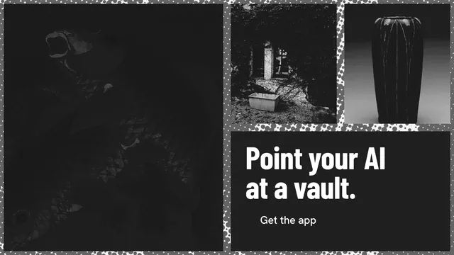 Landscape graphic for Curatively: "Point your AI at a vault." Retro print style, collage layout, dark palette in black, grey.