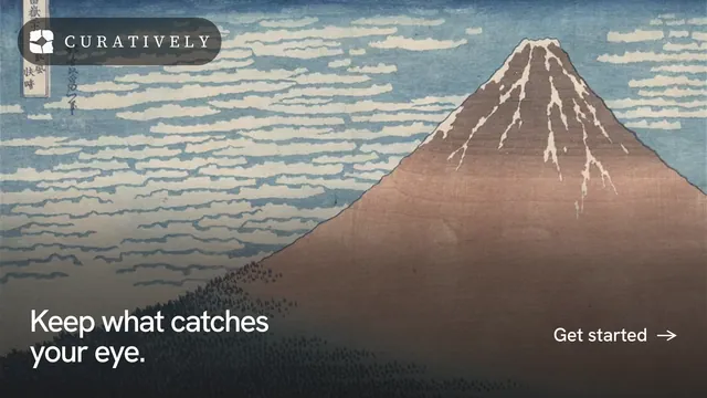Landscape graphic for Curatively: "Keep what catches your eye." Swiss style, image led layout, light palette in grey, black.