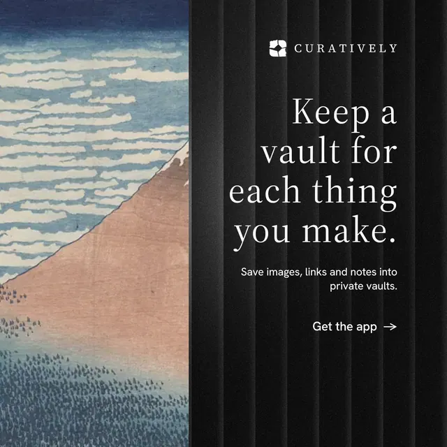 Instagram post for Curatively: "Keep a vault for each thing you make." Minimal luxury style, right layout, dark palette in grey, black.