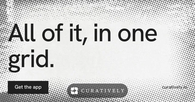 Social ad for Curatively: "All of it, in one grid." Swiss style, poster layout, light palette in white, grey.