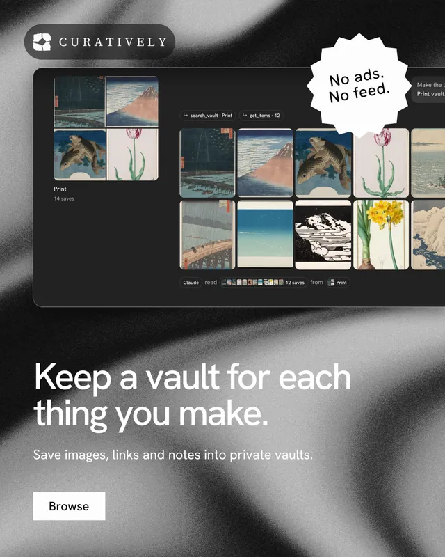 Instagram portrait post for Curatively: "Keep a vault for each thing you make." Swiss style, sticker layout, dark palette in black, grey, white.