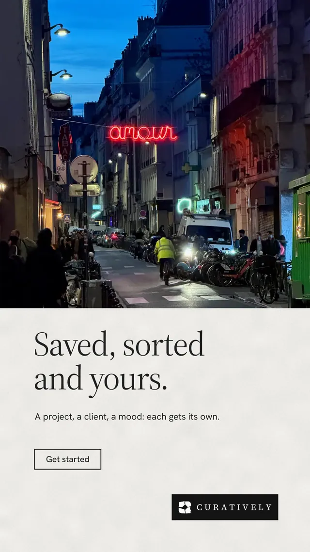 Instagram story for Curatively: "Saved, sorted and yours." Editorial style, bottom layout, light palette in blue, white, black.