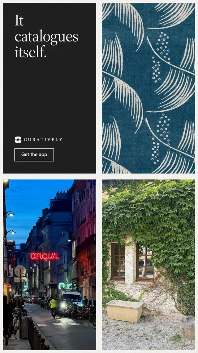 Instagram story for Curatively: "It catalogues itself." Editorial style, collage layout, dark palette in grey, black, blue.