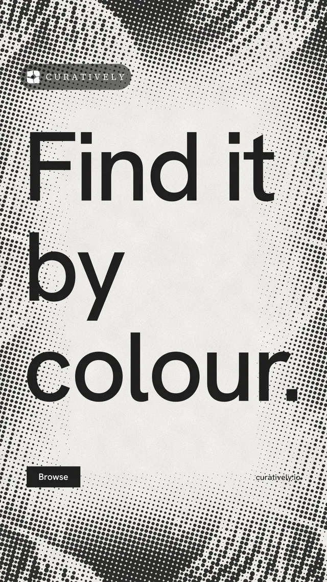 Instagram story for Curatively: "Find it by colour." Retro print style, poster layout, light palette in grey, white.