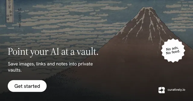 Social ad for Curatively: "Point your AI at a vault." Photo poster style, sticker layout, dark palette in black, grey.