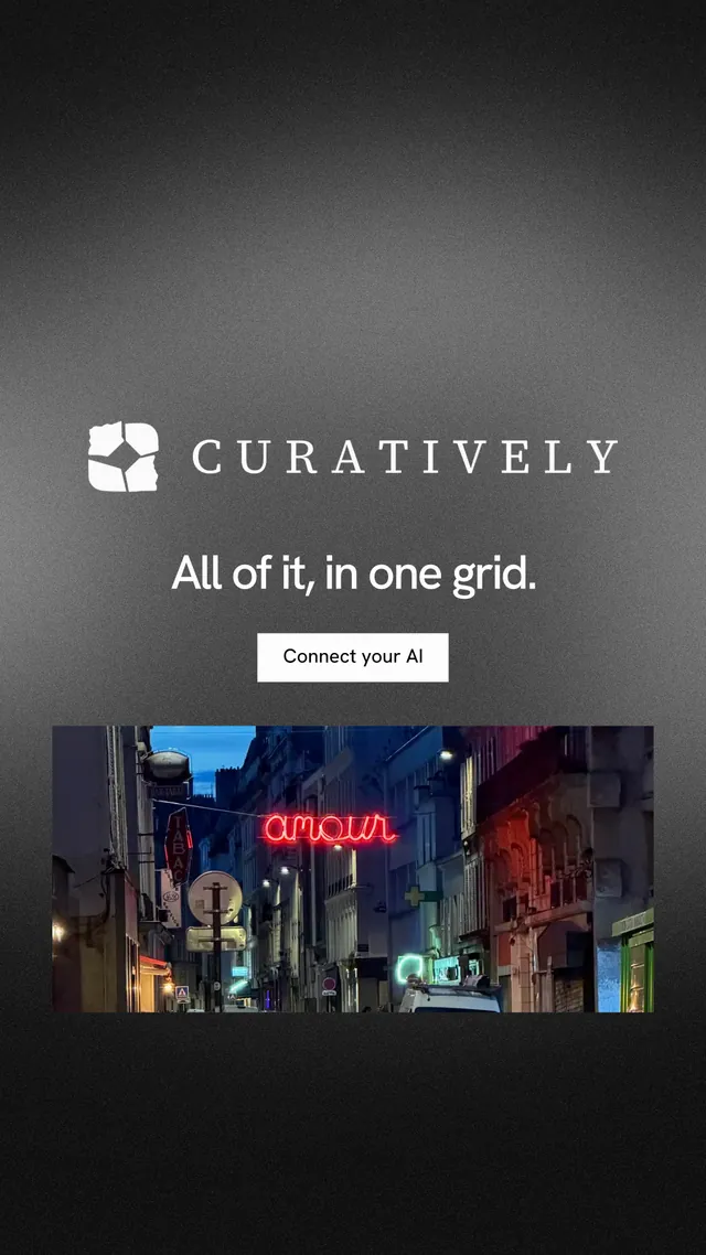 Instagram story for Curatively: "All of it, in one grid." Swiss style, logo hero layout, dark palette in grey, black.