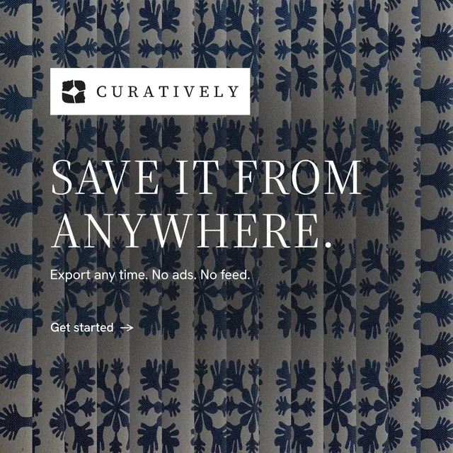 Instagram post for Curatively: "Save it from anywhere." Minimal luxury style, announce layout, dark palette in grey, blue.