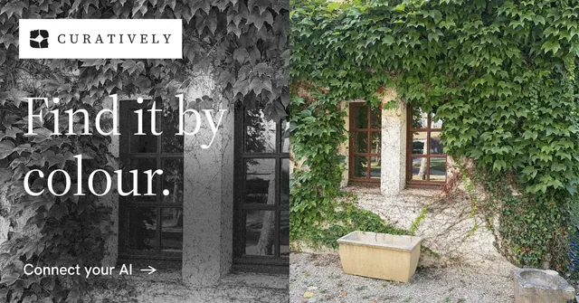Social ad for Curatively: "Find it by colour." Minimal luxury style, bottom layout, dark palette in grey, black.