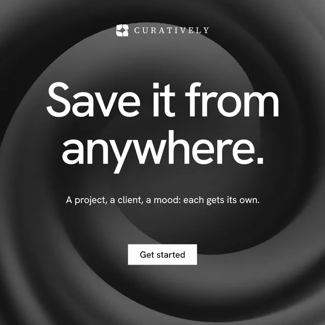 Instagram post for Curatively: "Save it from anywhere." Swiss style, centred layout, dark palette in black, grey.
