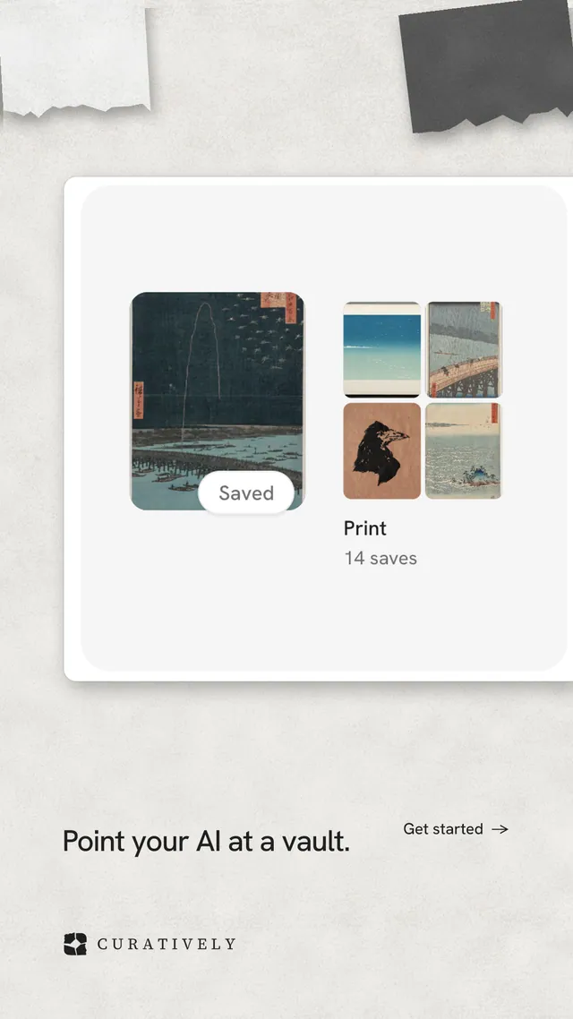 Instagram story for Curatively: "Point your AI at a vault." Editorial style, image led layout, light palette in white, grey.