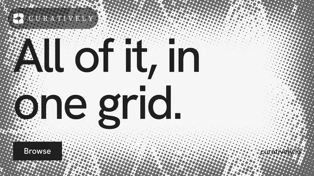 Landscape graphic for Curatively: "All of it, in one grid." Swiss style, poster layout, light palette in white, grey.