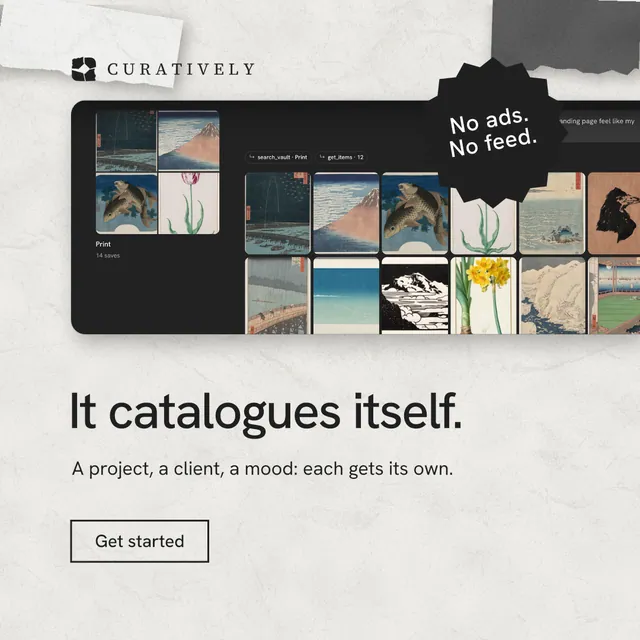 Instagram post for Curatively: "It catalogues itself." Editorial style, sticker layout, light palette in white, black, grey.