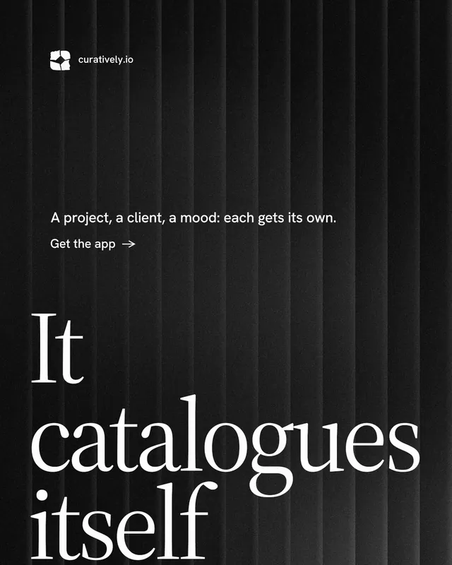 Instagram portrait post for Curatively: "Saved, sorted and yours." Minimal luxury style, oversized layout, dark palette in black, grey.