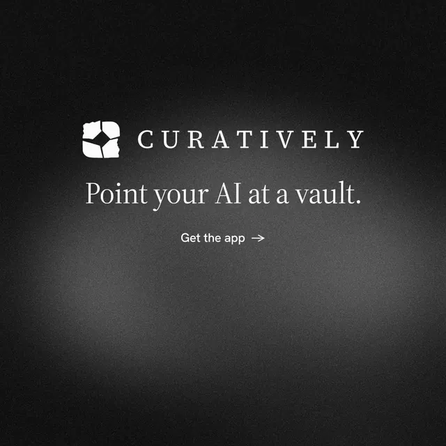 Instagram post for Curatively: "Point your AI at a vault." Minimal luxury style, logo hero layout, dark palette in black, grey.